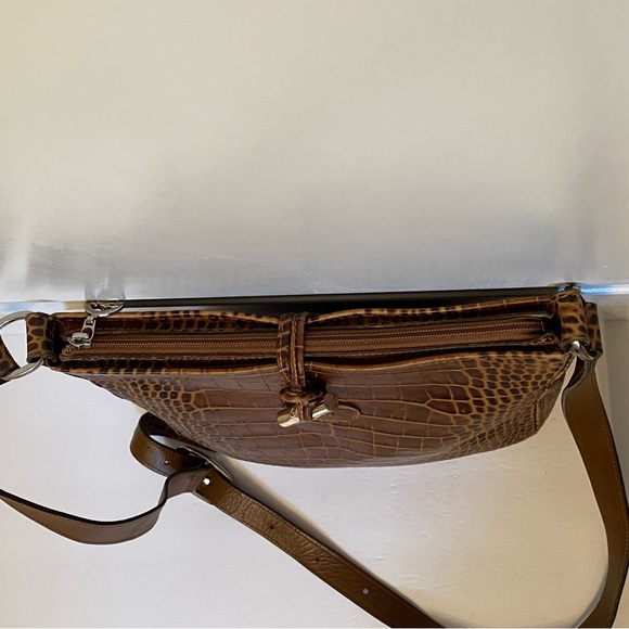 LONGCHAMP BAG CROSSBODY SHOULDER BROWN CROC LOOK LEATHER ZIP TOP SILVER HARDWARE - Picture 8 of 14